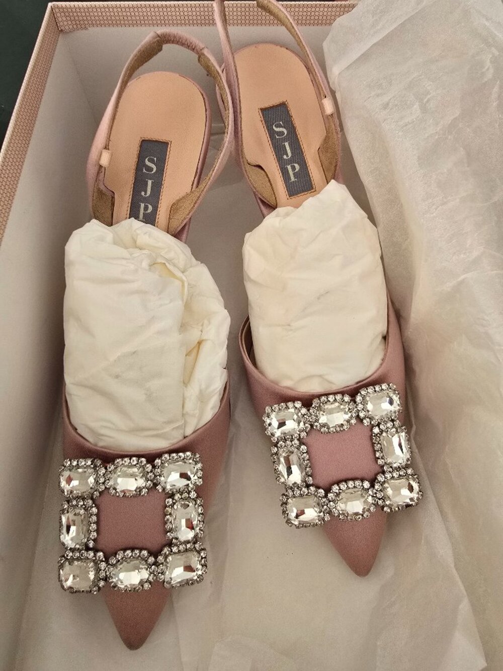 SJP by Sarah Jessica Parker Jolene pink satin slingback pumps with rhinestone